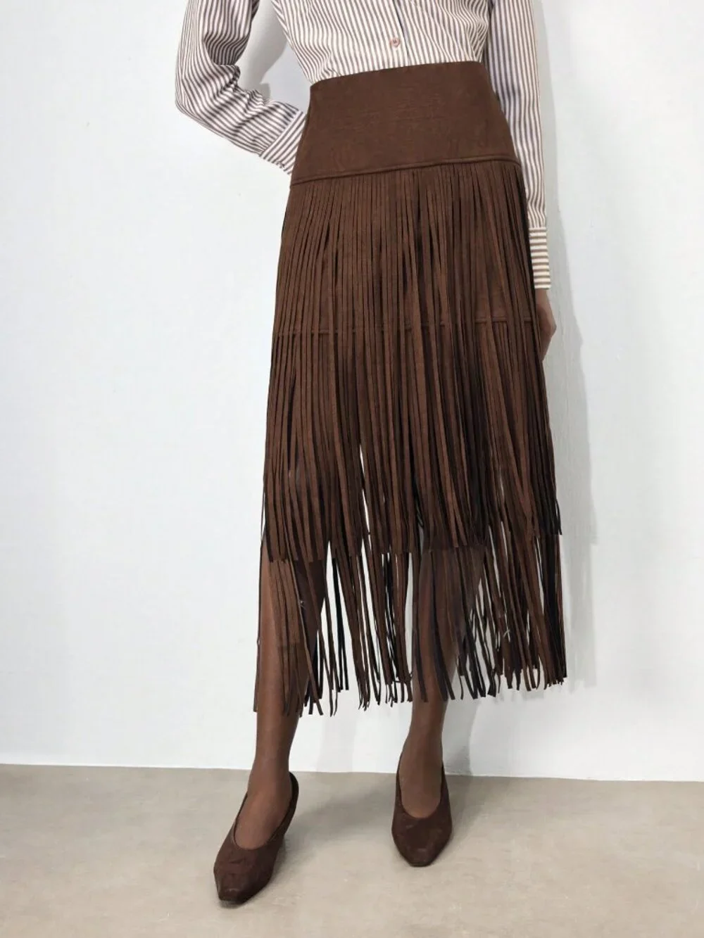 Brown Casual Women's Mid-Waist Fringe Tassel A-Line Skirt